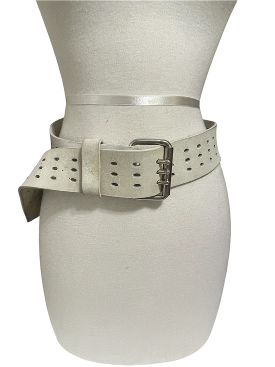 Accessories - Wide White Perforated Leather Belt with Silver Buckle